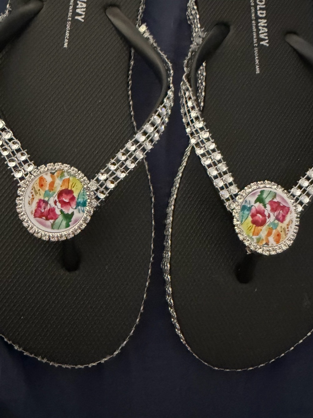 Black Floral Gemstone Thong Sandals